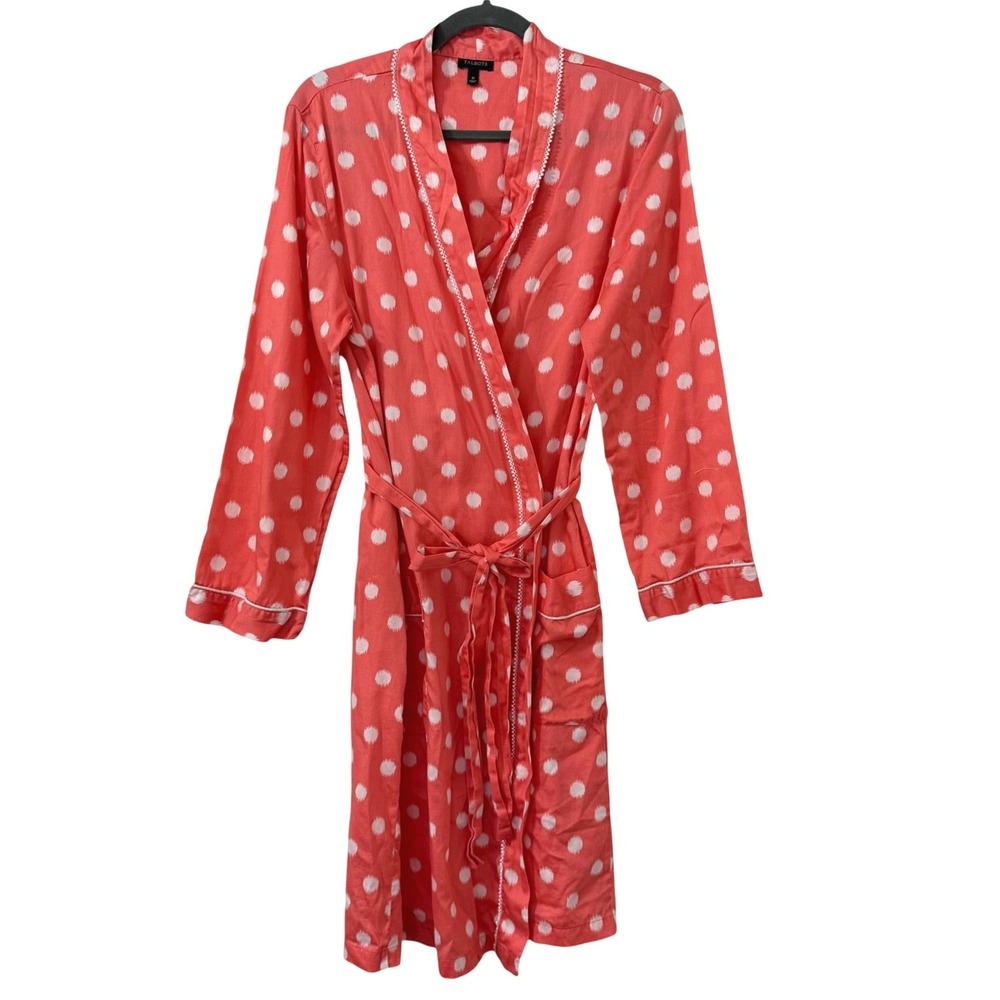 Talbots Women Coral Pink White Polka Dot Ikat Cotton Wrap Robe M Belted